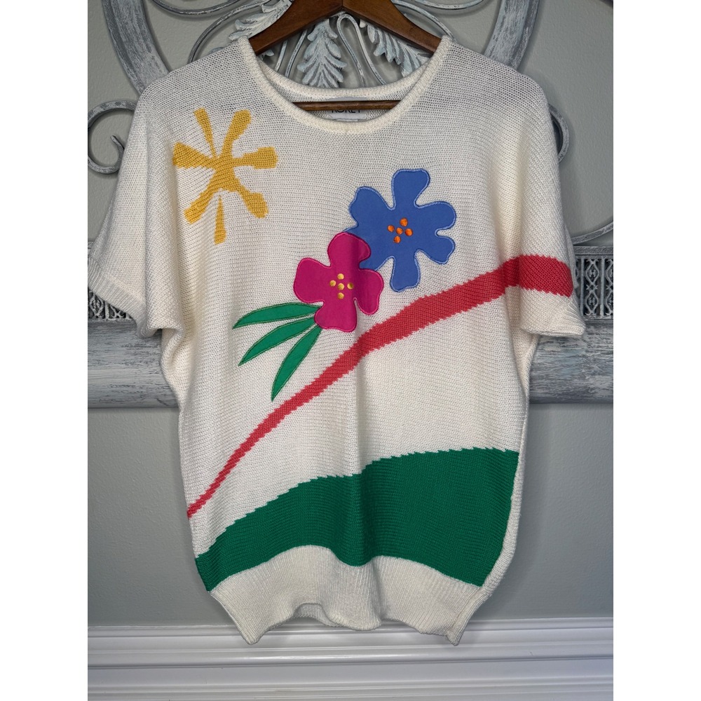 Vintage Koret 80s Short Sleeve Knit Top White Floral Colorblock Size M EUC